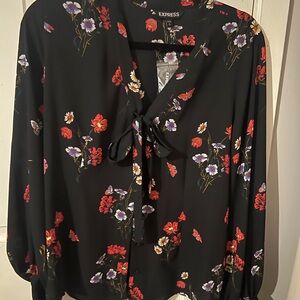 Express Black Floral Blouse with Red and Purple Accents